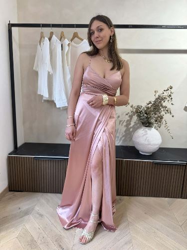 Robe longue satinée - Rose poudré