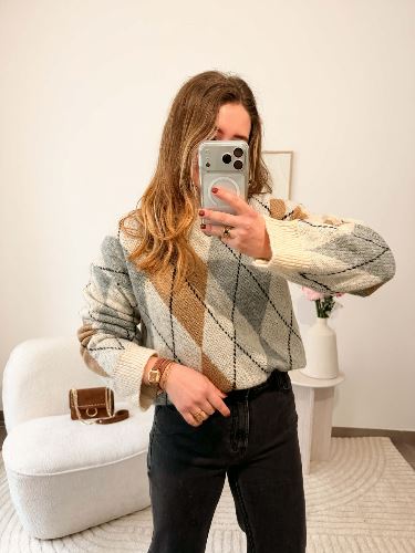 Pull à carreaux - Beige