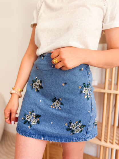 Jupe denim perlée