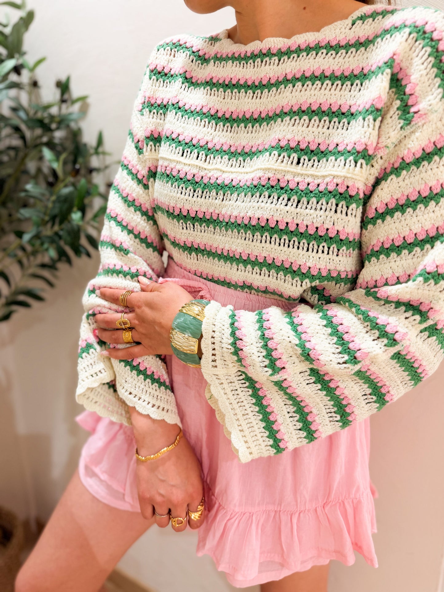 Blouse crochet écru vert rose
