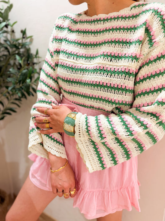Blouse crochet écru vert rose