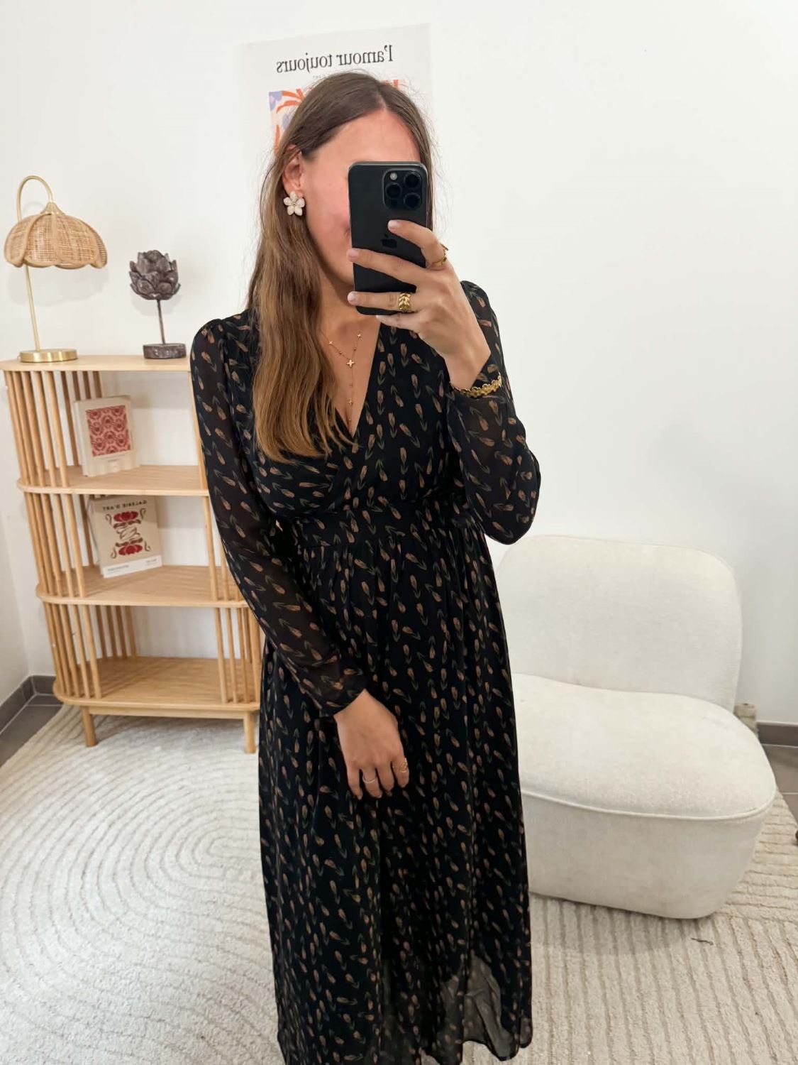 Robe imprimée fluide longue noir
