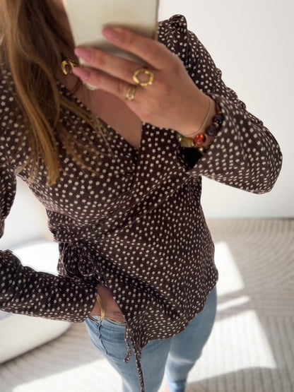 Blouse cache coeur marron fleurs