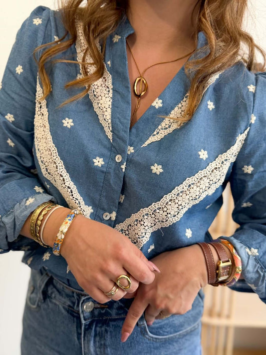 Blouse à broderie - Bleu et écru