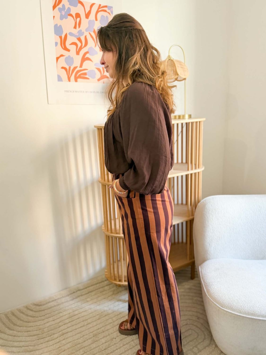 Pantalon rayé chocolat camel