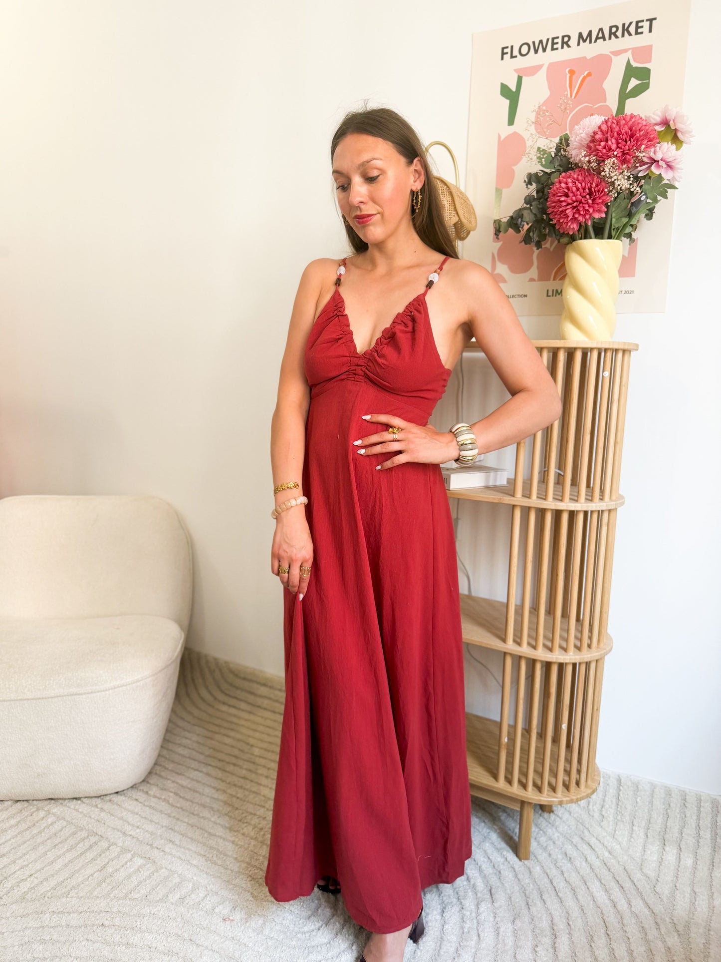 Robe terracotta bretelles perles
