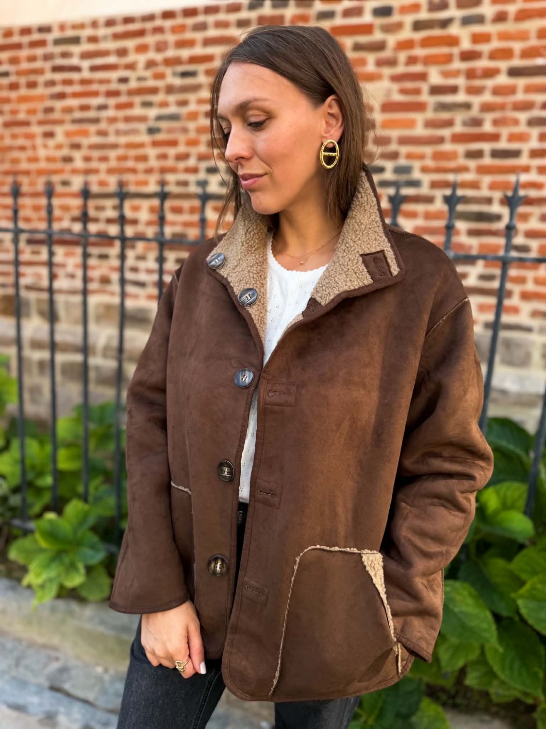Manteau reversible moumoute/suédine marron