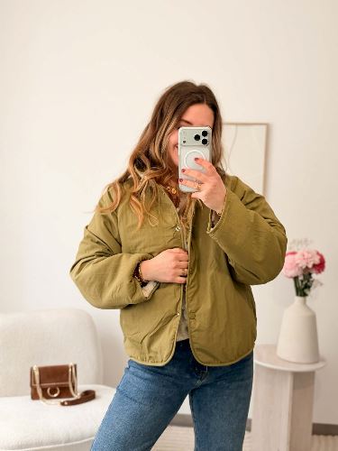 Veste réversible bouclette fleurie - Kaki