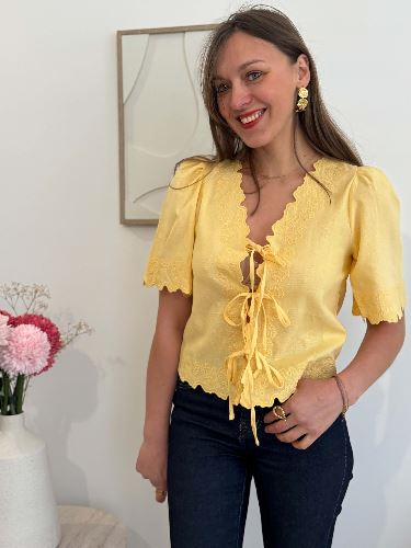 Blouse en lin broderie à nouer - Jaune