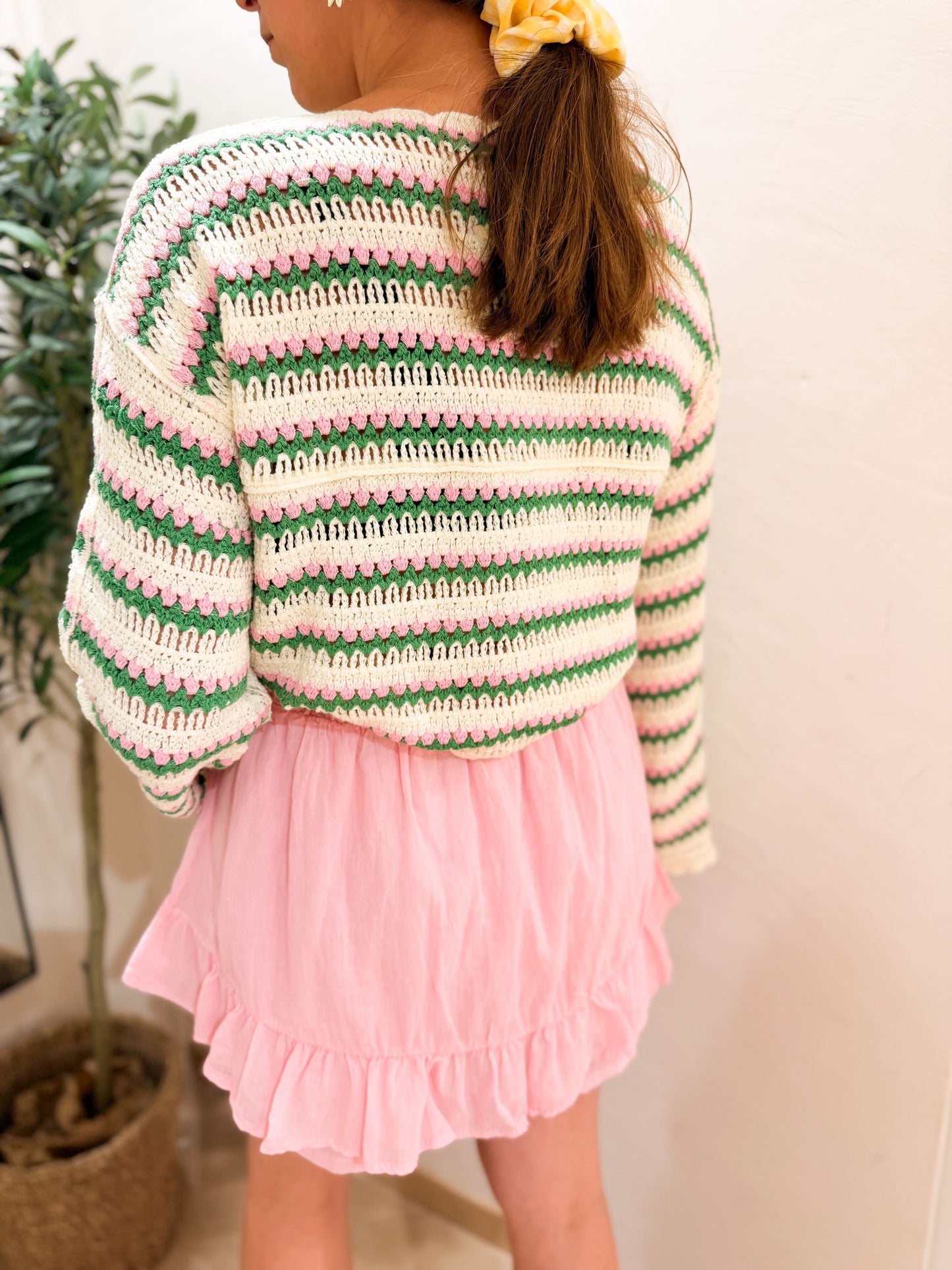 Blouse crochet écru vert rose
