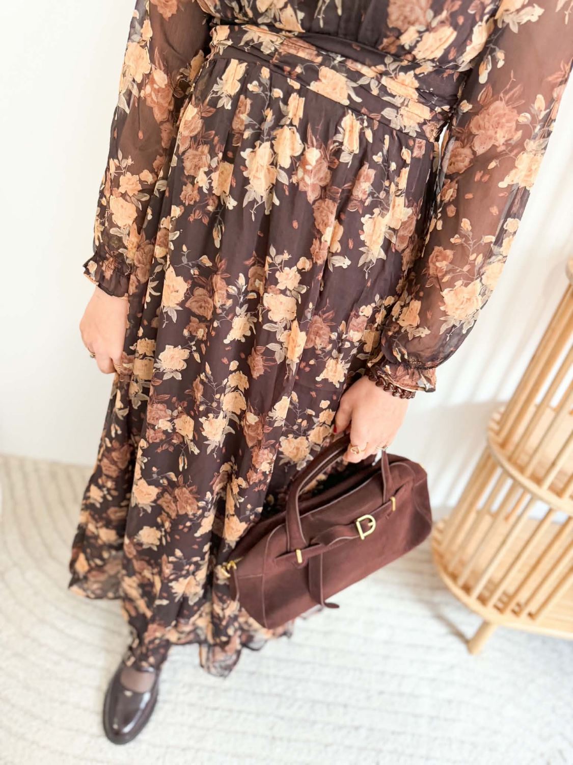 Robe longue fluide fleurs marron