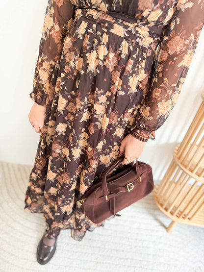 Robe longue fluide fleurs marron