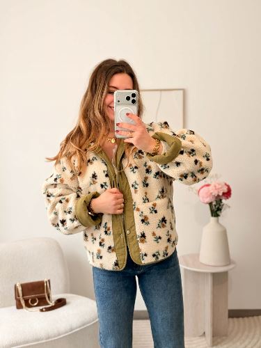 Veste réversible bouclette fleurie - Kaki