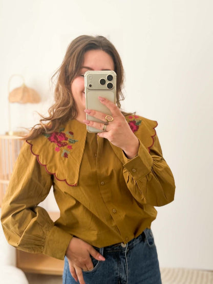 Blouse Claudine kaki points de croix