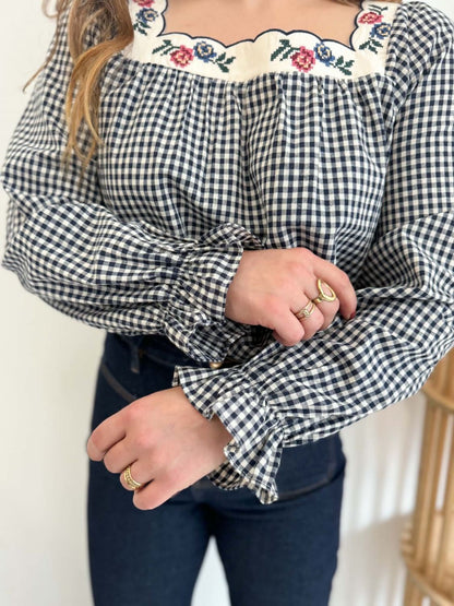 Blouse vichy col carré - Bleu