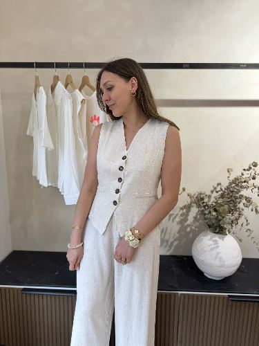 Ensemble pantalon gilet en lin beige