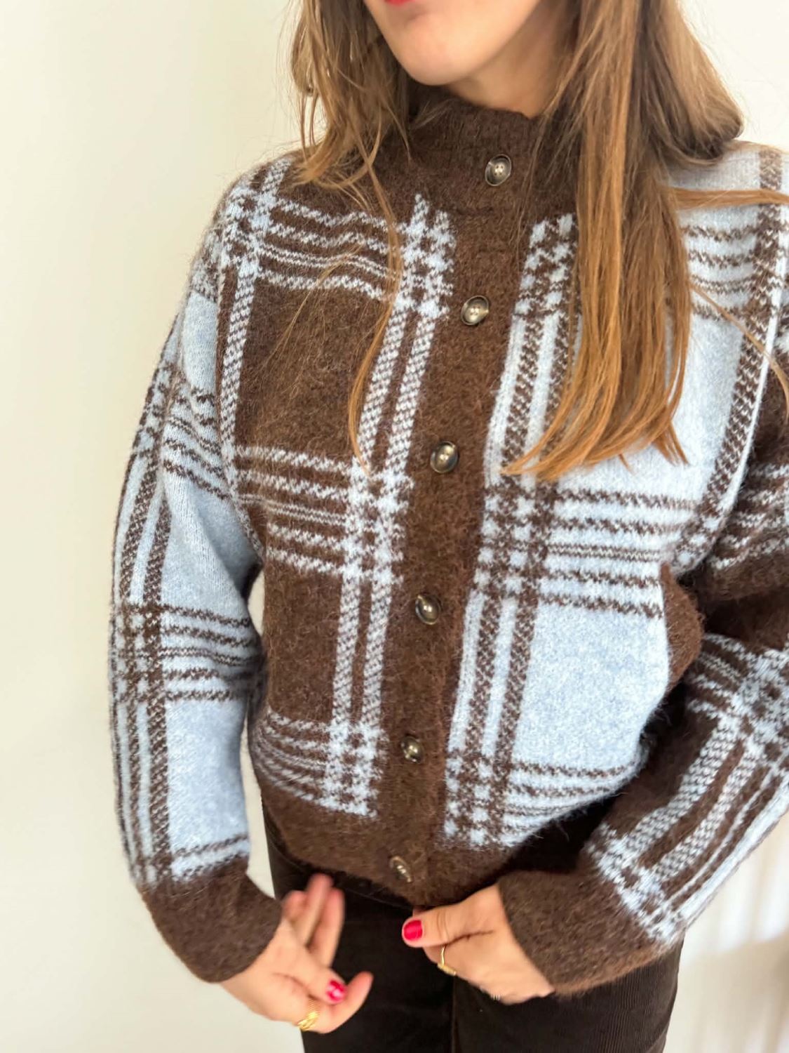 Gilet marron imprimé bleu ciel