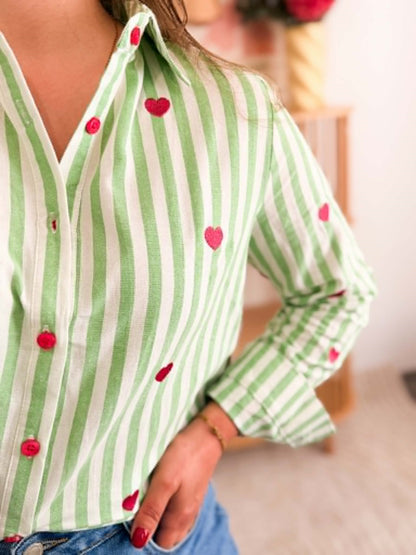 Chemise rayures vert coeur rose